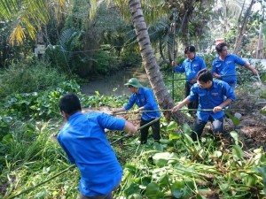 Đoàn viên, thanh niên trục vớt lục bình trên kênh nội đồng xã Hữu Đạo.